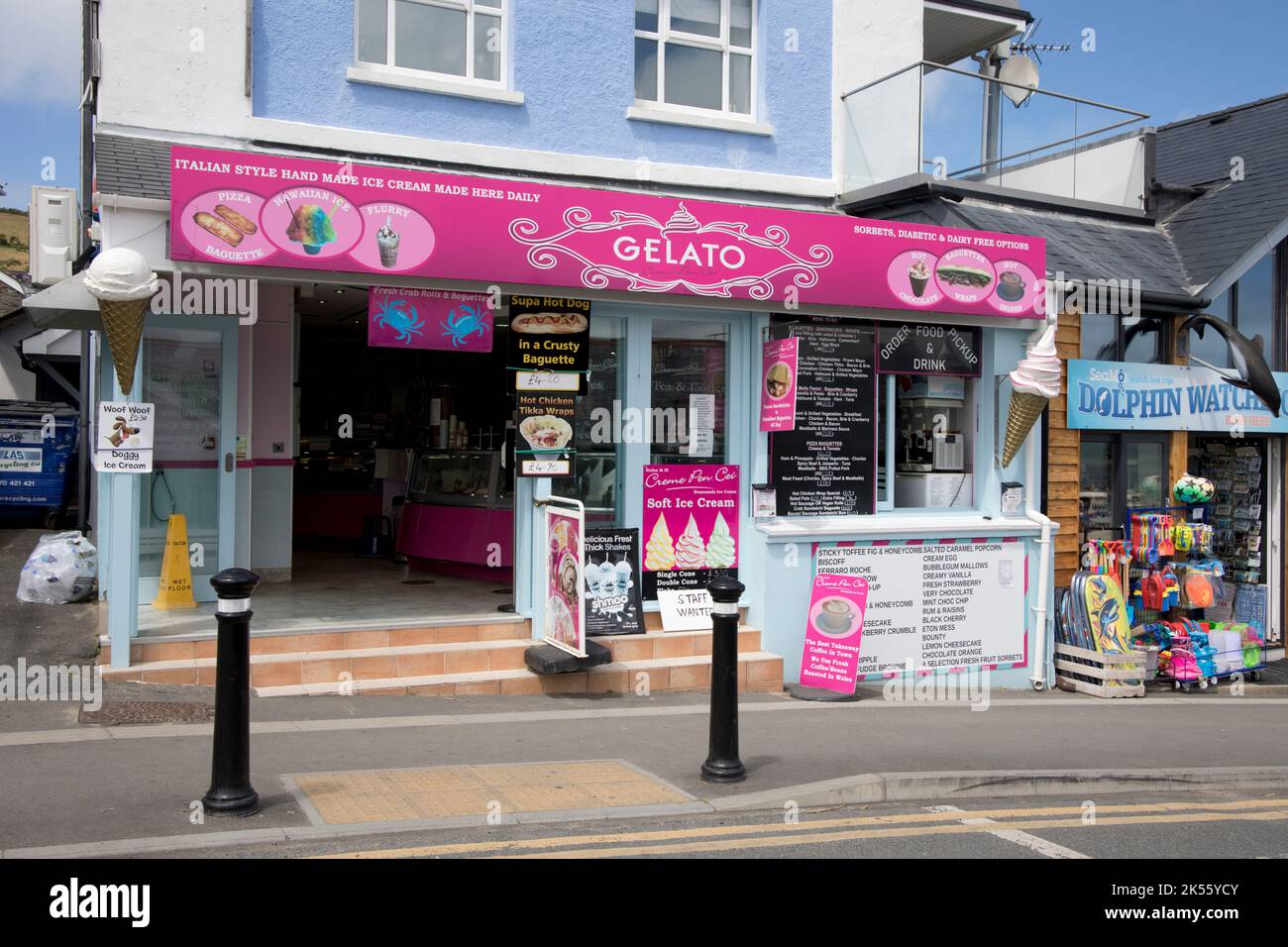 Gelato ice cream shop on sea front Dolau beach New Quay Ceredigion Wales Stock Photo