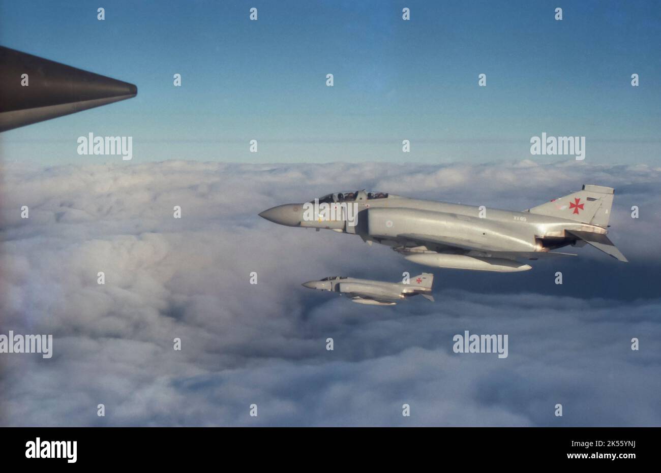 RAF Mc Donnell Douglas Phantom FGR2 jet fighters from 1435 Flight  in the air over the Falkland Islands. 1989 Stock Photo