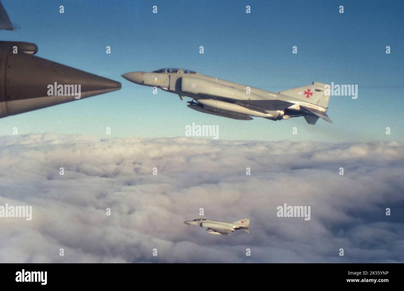 RAF Mc Donnell Douglas Phantom FGR2 jet fighters from 1435 Flight  in the air over the Falkland Islands. 1989 Stock Photo
