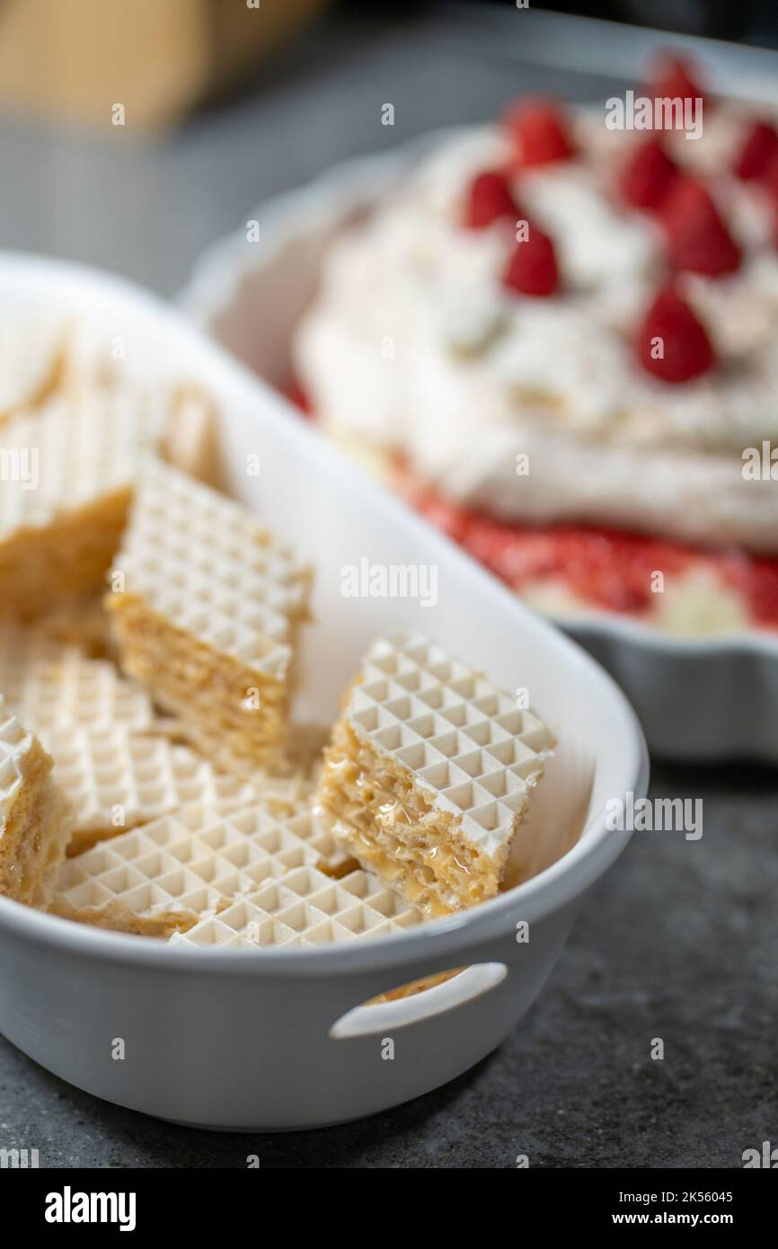 Home made deserts on beautiful white dishes Stock Photo