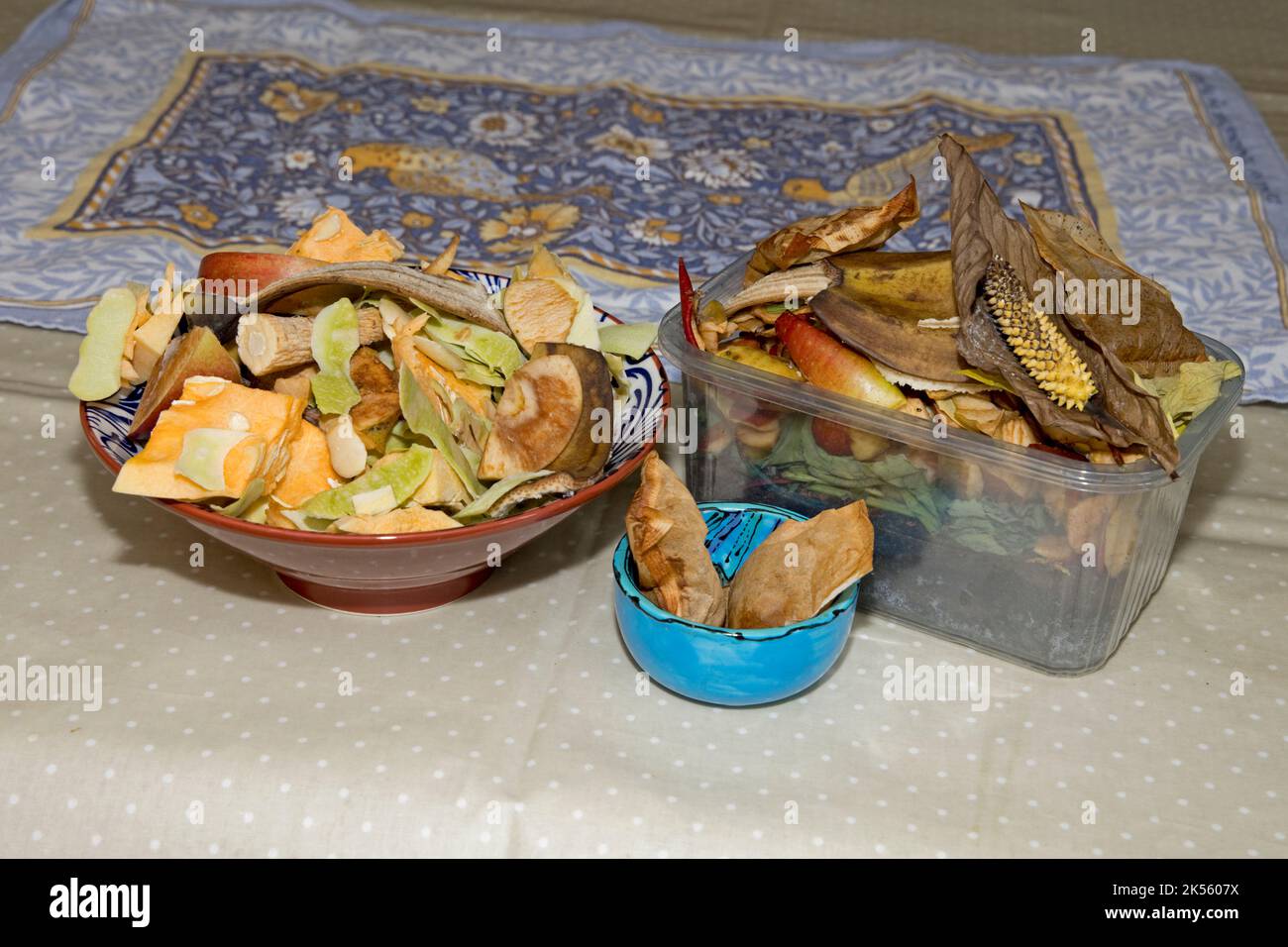 Containers of food waste set aside for composting Stock Photo