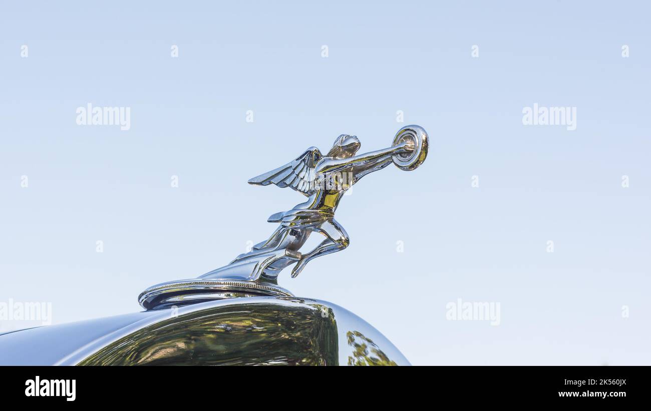 PLYMOUTH, MI/USA - JULY 30, 2017: Close up of a 1932 Packard 904 Goddess of Speed (Flying Lady, Wheeled Woman) hood ornament, Concours d'Elegance. Stock Photo