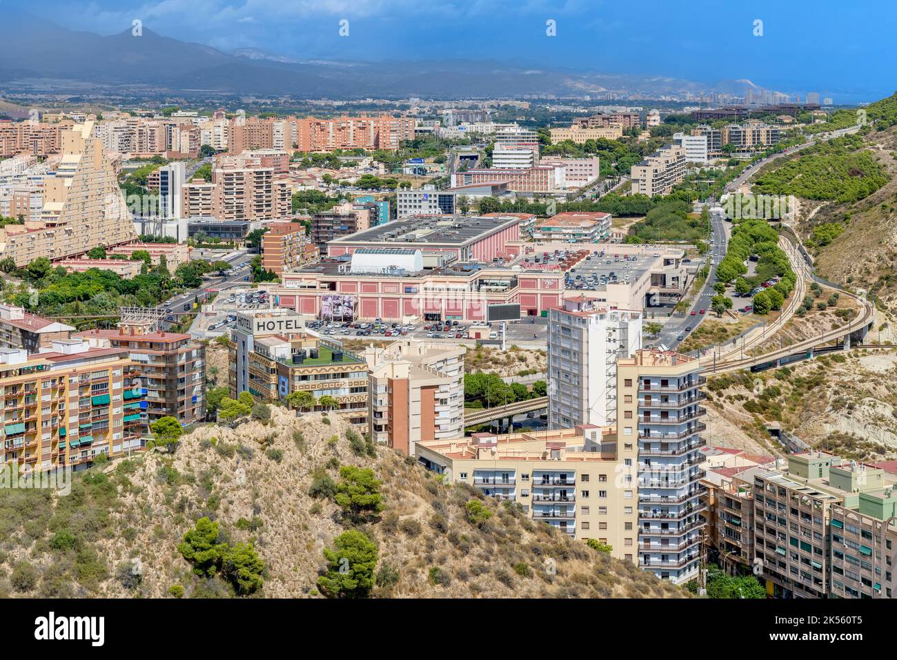 A bird's eye view over the port city of Alicante on the Costa Blanca in southern Spain. Shots taken from the Castillo de Santa Barbara. Stock Photo