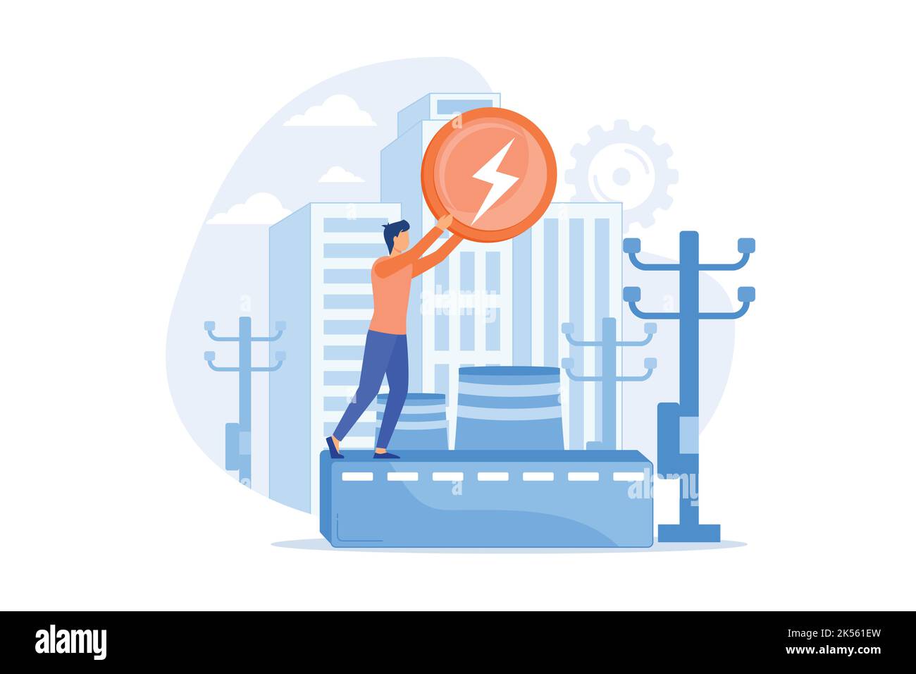 Power plant, electric industry, energy production. Electricity generation fabric, power substation, electrical energy source metaphor. Vector illustra Stock Vector