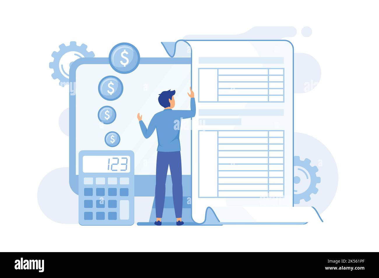 Electronic documentation. Man with registration. Checking repository log. Online approval, screen form, validation page. Expense chronicles. Vector il Stock Vector
