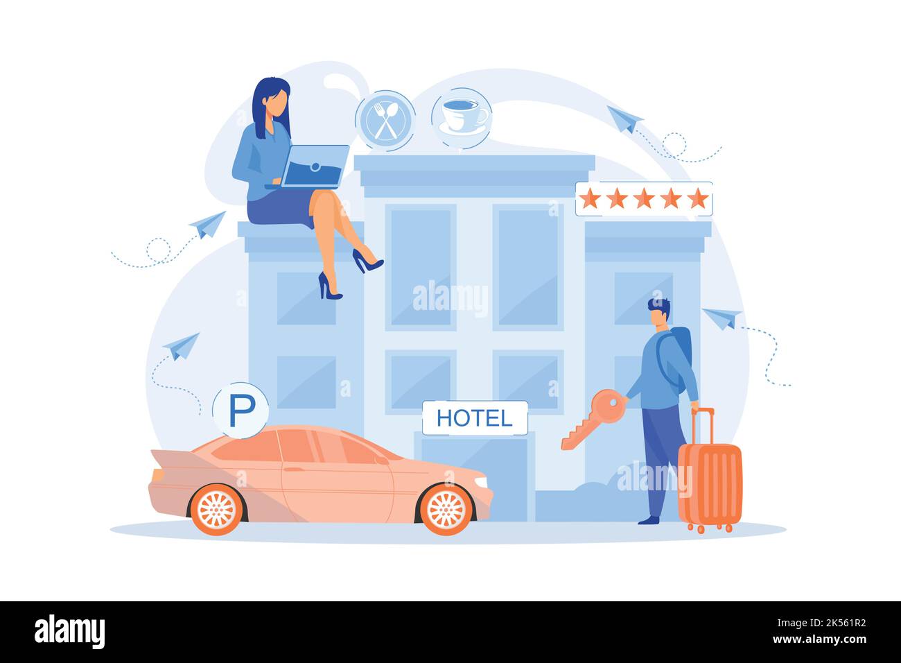 Business people at hotel use all included services, lodgings and wifi. All-inclusive hotel, luxury hospitality resort, all included service concept. Stock Vector