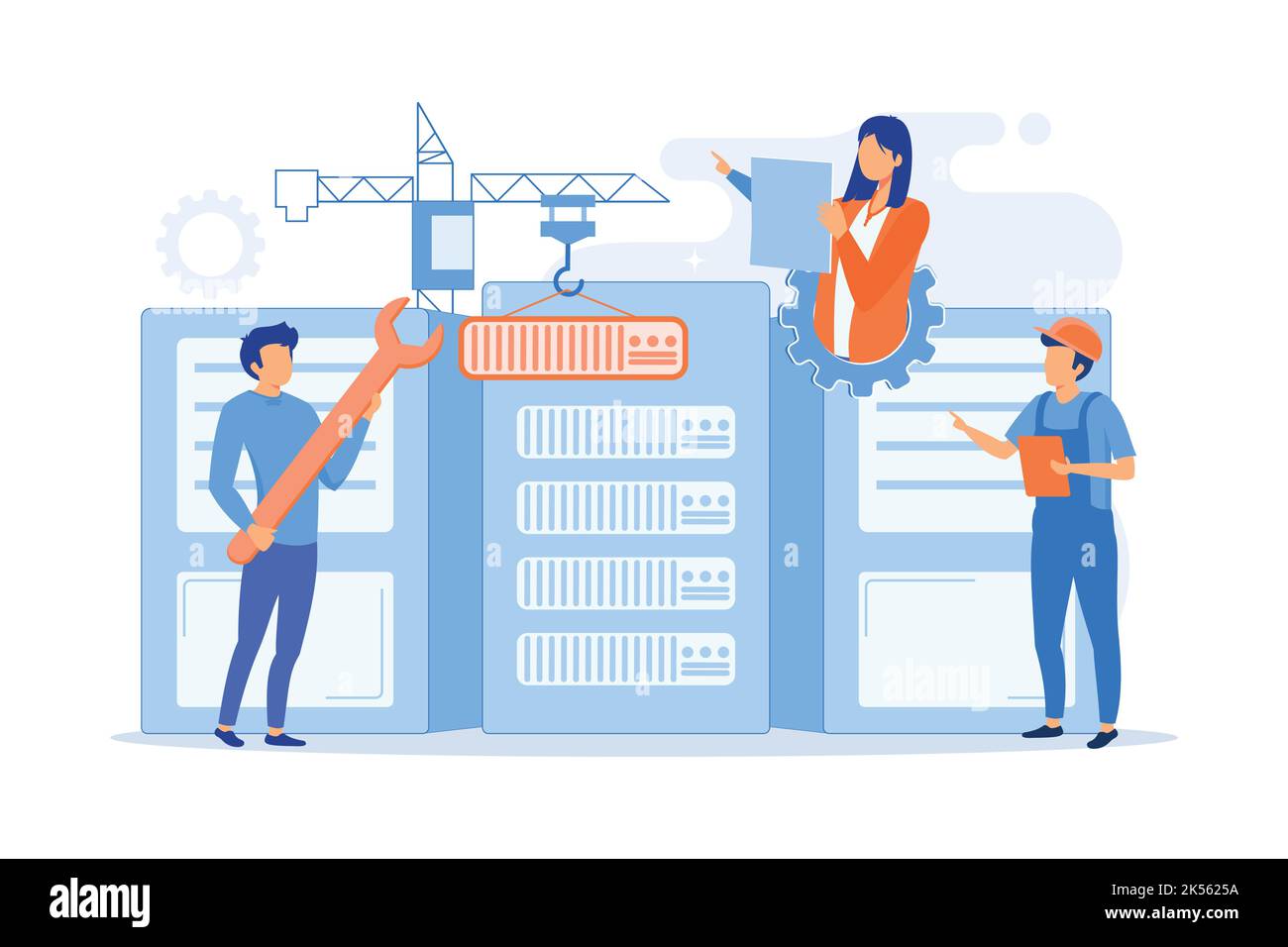 Engineers consolidating and structuring data in the center. Big data engineering, massive data