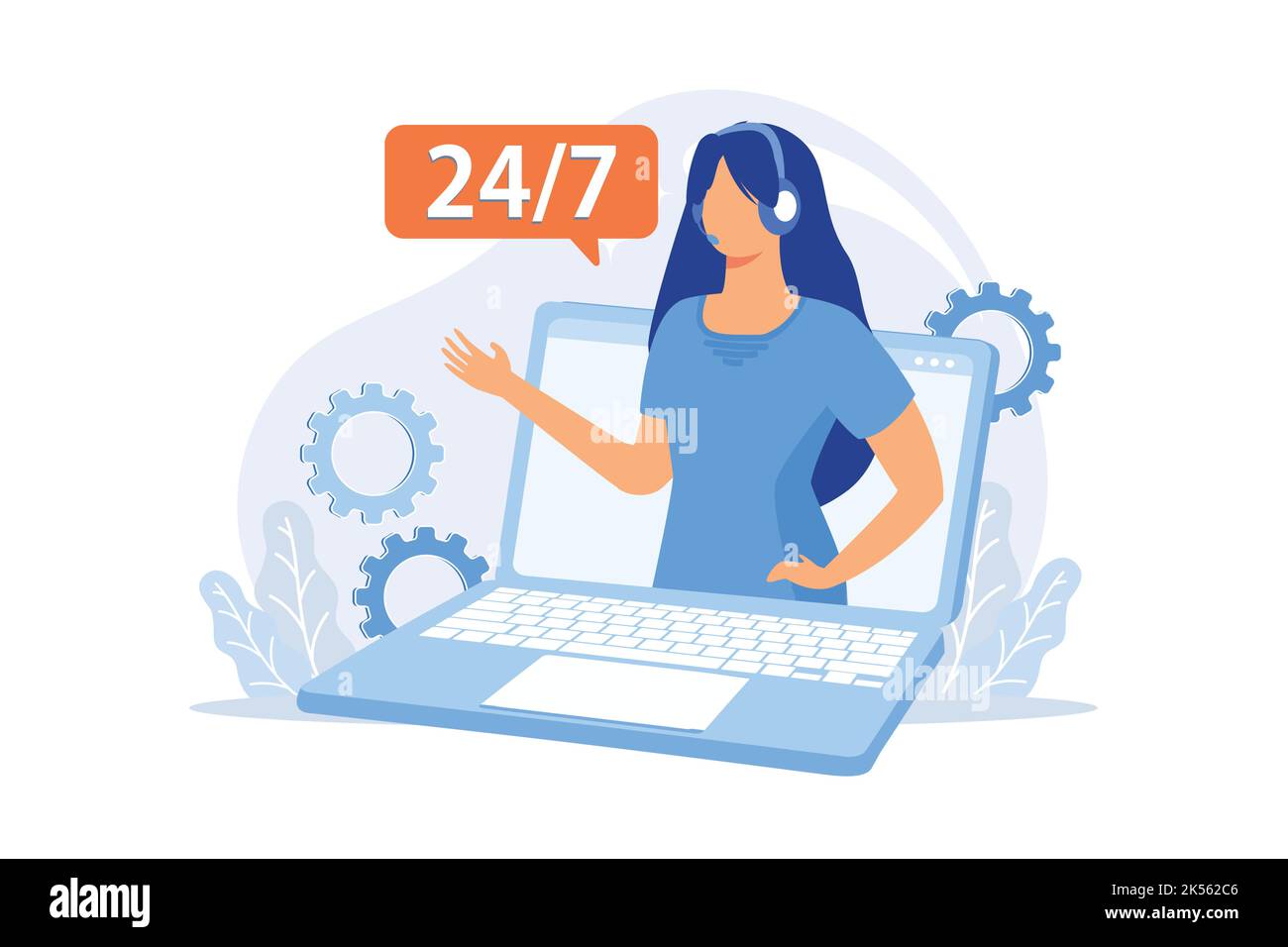 Noctidial technical support. Online assistant, user help, frequently asked questions. Call center worker cartoon character. Woman working at hotline. Stock Vector