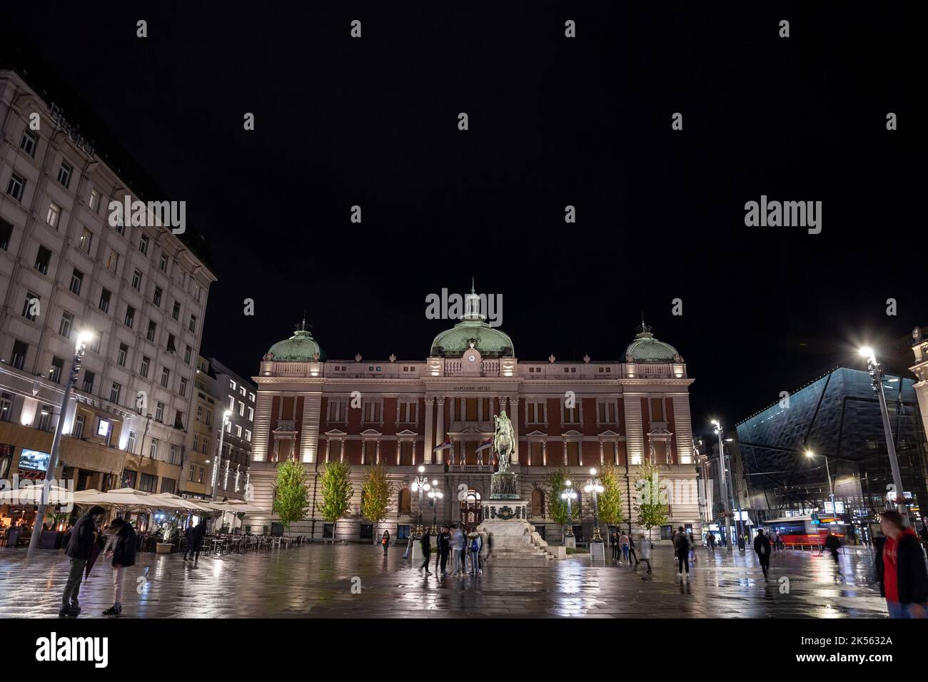 Picture of the national museum of Serbia in belgrade with the statue of Prince Mihailo in front, on Trg Republike, also called republic square at nogh Stock Photo