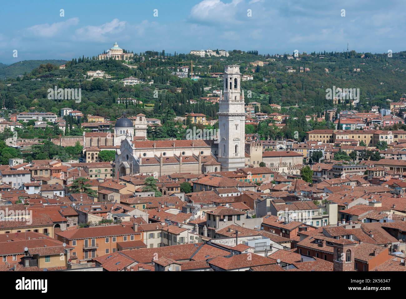 Verona Italy cathedral, aerial view in summer across the historic city center towards the Cattedrale Santa Maria Matricolare with its white campanile Stock Photo