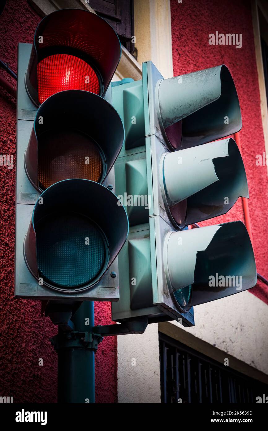 Red stop light on traffic light on street corner Stock Photo Alamy