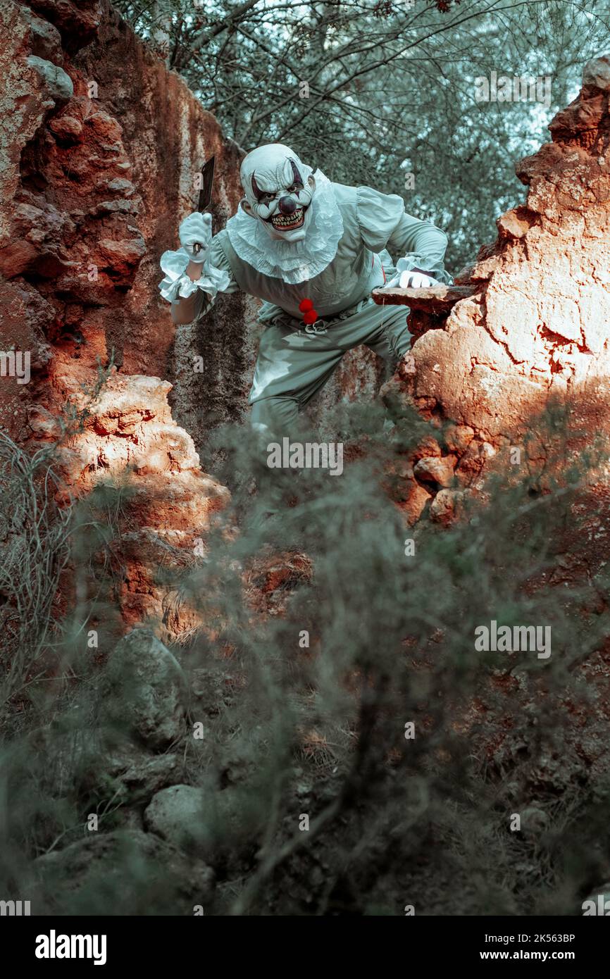 a creepy evil clown, in a gray costume with ruffles, neck ruff, and red ...