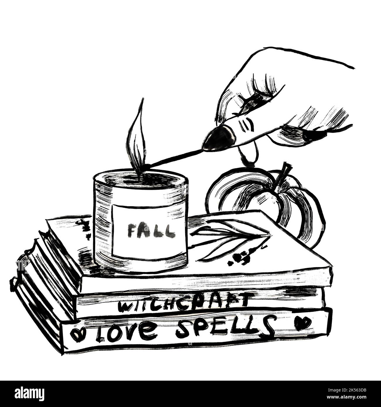 Hand drawn illsutration of witch hand with candle witchcraft books love spells. Black line monochrome design in ink inking shape silhouette outline, minimalist drawing sketch Stock Photo