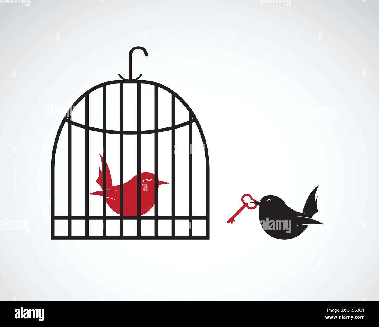 Vector image of a bird in the cage and outside the cage and key. Freedom concept, Help concept. Vector. Easy editable layered vector illustration. Stock Vector