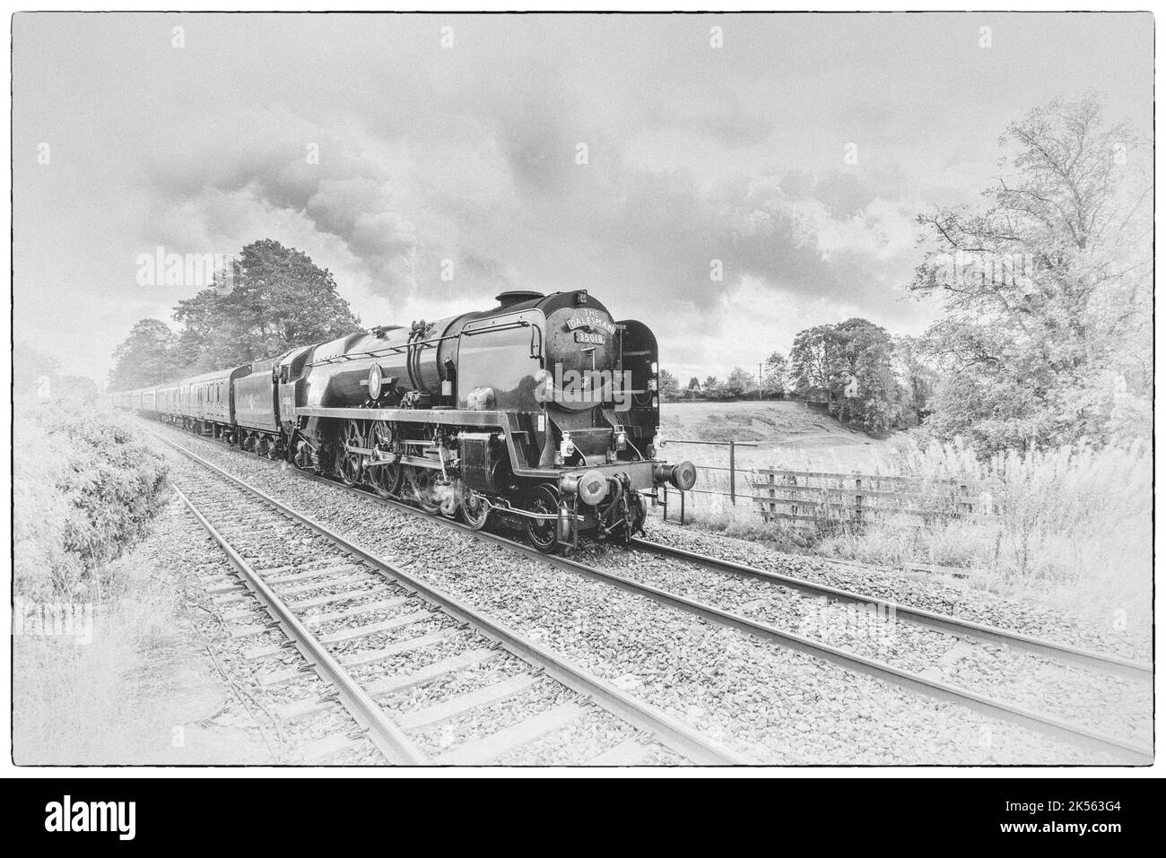 British India Line, preserved steam locomotive, passes through Long Preston on the Settle & Carlisle line 6th October 2022 (York to Carlisle). Stock Photo