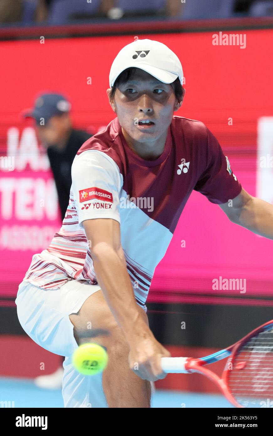 Rio Noguchi of Japan returns to Denis Shapovalov of Canada during a singles match in the Rakuten Open tennis championships at Ariake Colosseum Thursday, Oct