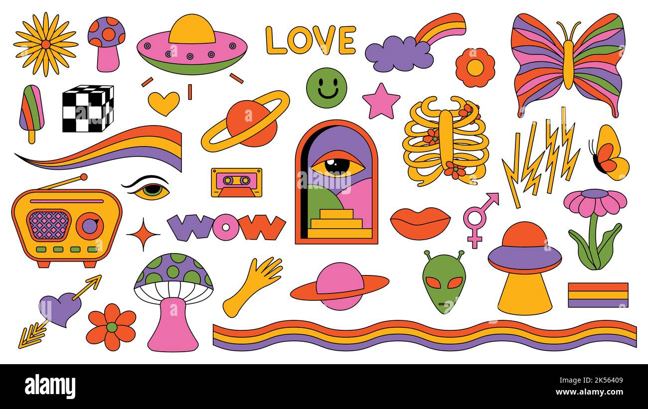 Set of hipster retro cool psychedelic elements. Collection stickers of