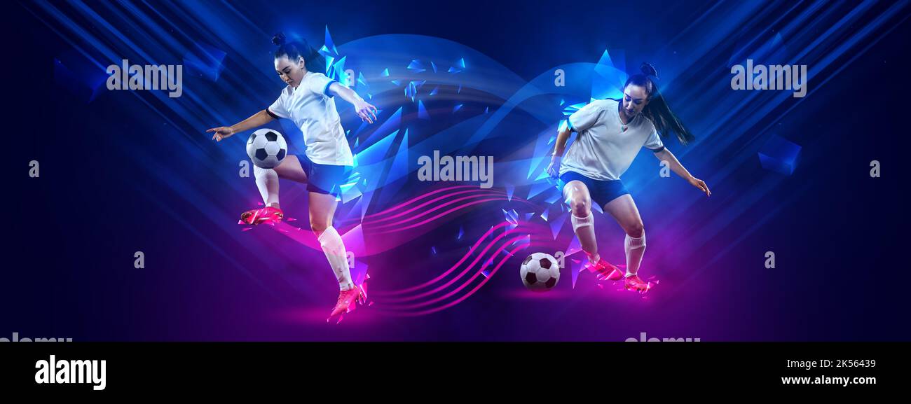 Women's football. Female soccer players in motion and action with ball isolated on dark blue background with polygonal neon elements. Art, creativity Stock Photo