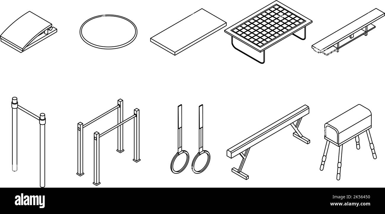 Gymnastics equipment icons set. Isometric set of gymnastics equipment