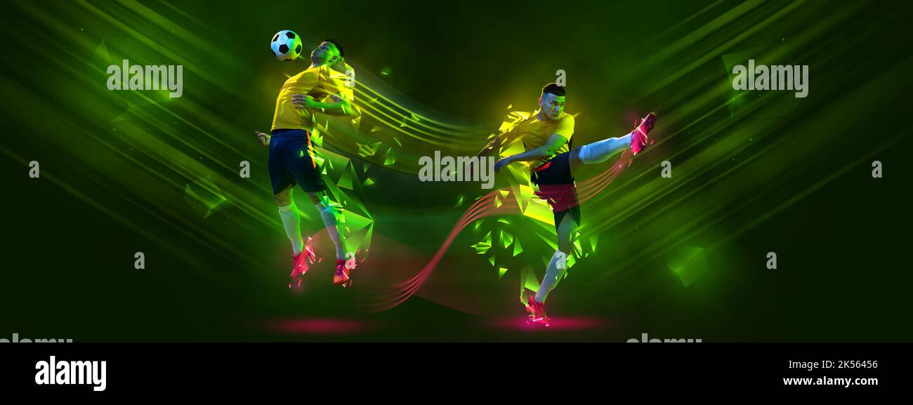 Creative artwork with soccer, football players in motion and action with ball isolated on dark green background with polygonal neon elements. Art Stock Photo