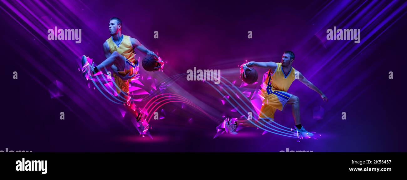 Sport poster with young professional basketball players in motion with basketball ball over dark background with neon polygonal elements. Concept of Stock Photo