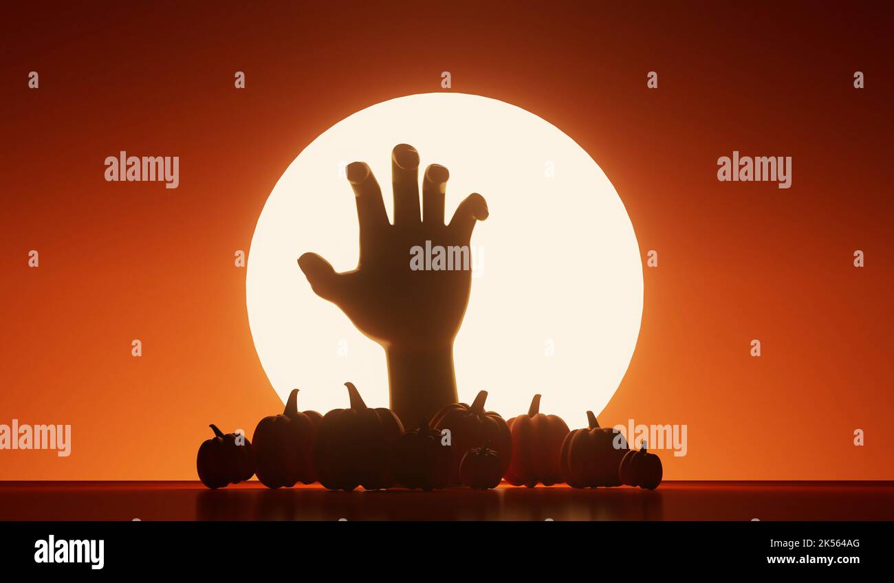 Silhouette of an undead zombie hand reaching out with a bright moon