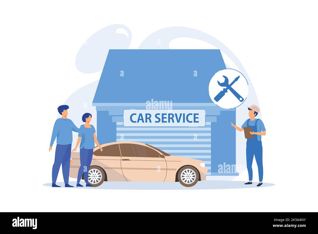 Auto mechanic and business people at car service having their car repaired. Car service, automobile repair shop, vehicle repair service concept. vecto Stock Vector
