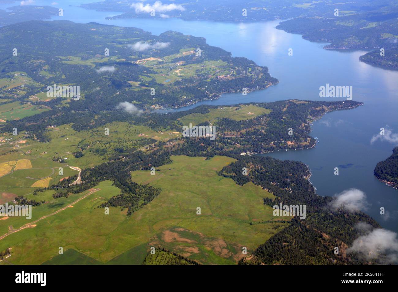An aerial view of the community of Rockford Bay on Harrison Slough in Lake Couer d'Alene in the Idaho panhandle, United States. Stock Photo