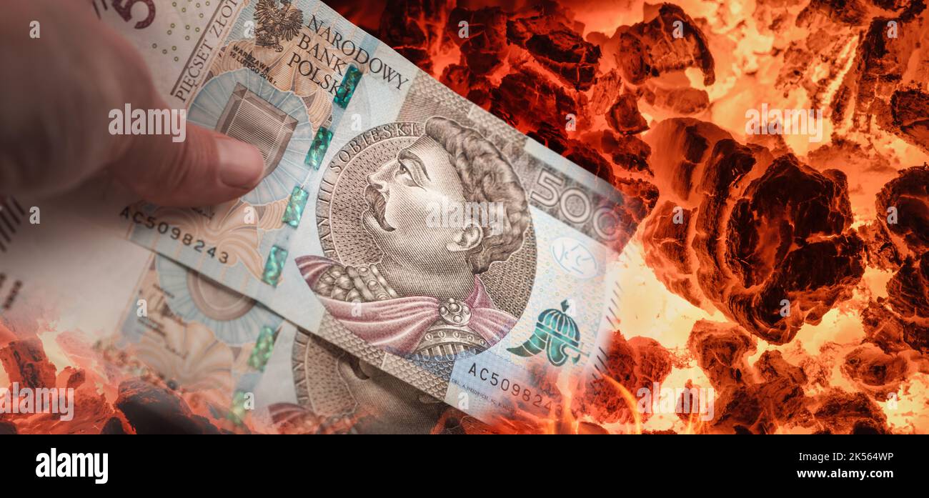 High price of coal, carbon footprint, energetic and economic crisis concept. PLN polish money 500 zloty and burning coal collage. Stock Photo