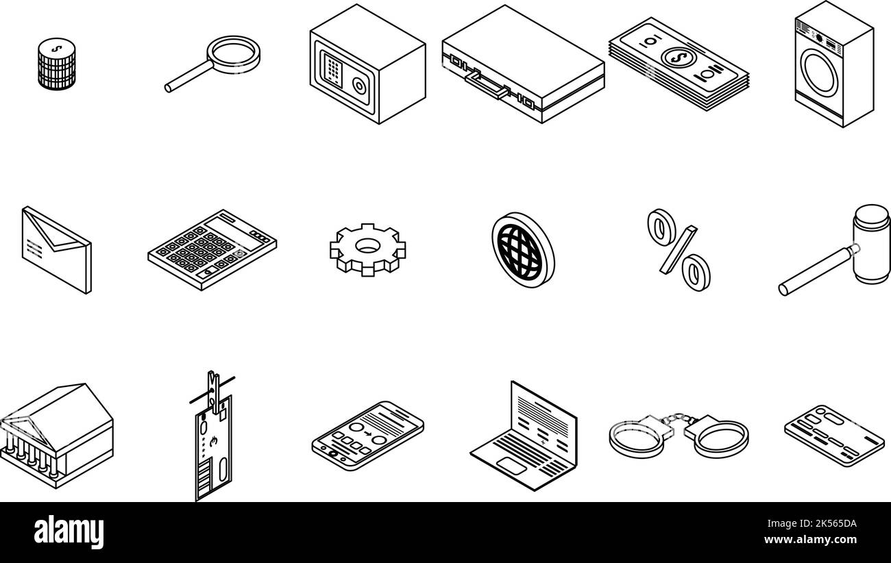 Money laundering icons set. Isometric set of money laundering vector icons outline isolated on white background Stock Vector