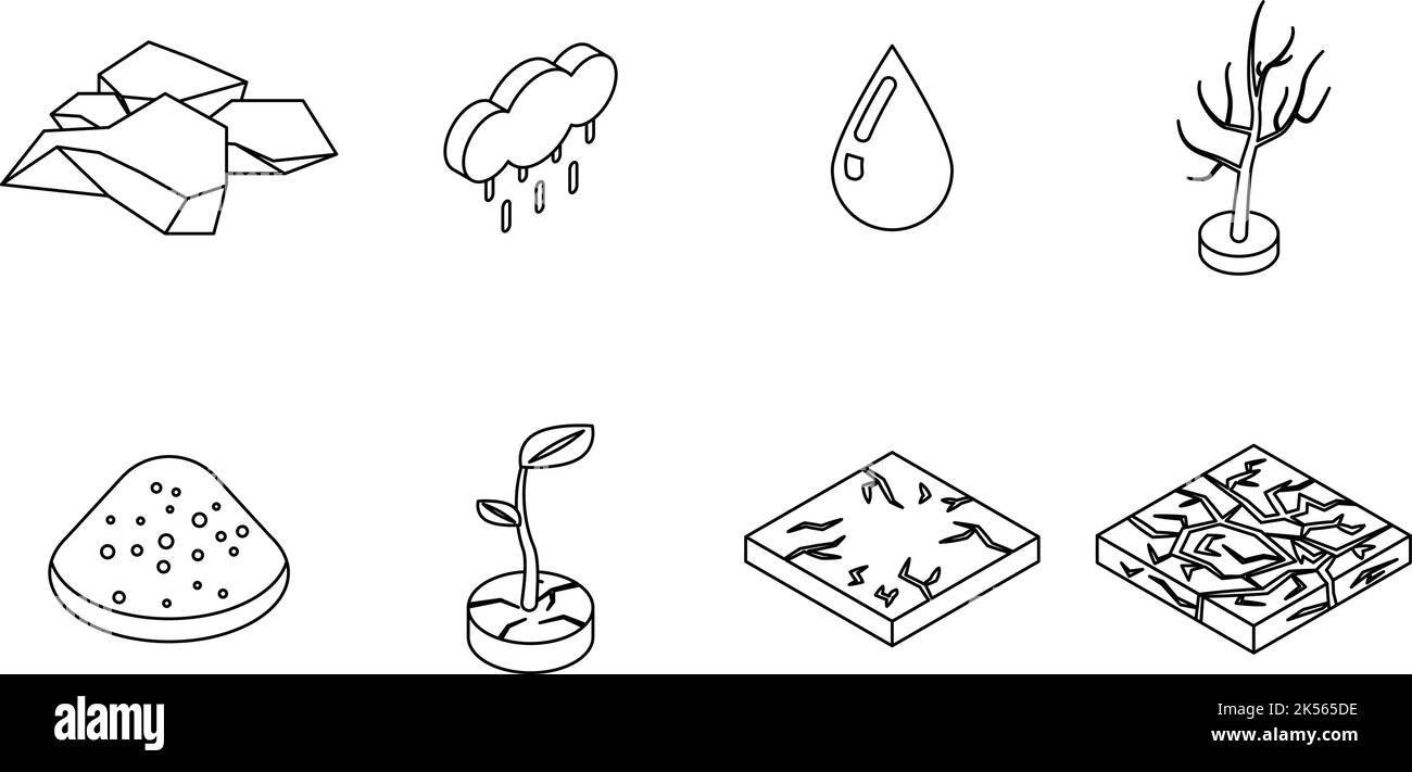 Drought icons set. Isometric set of drought vector icons outline isolated on white background