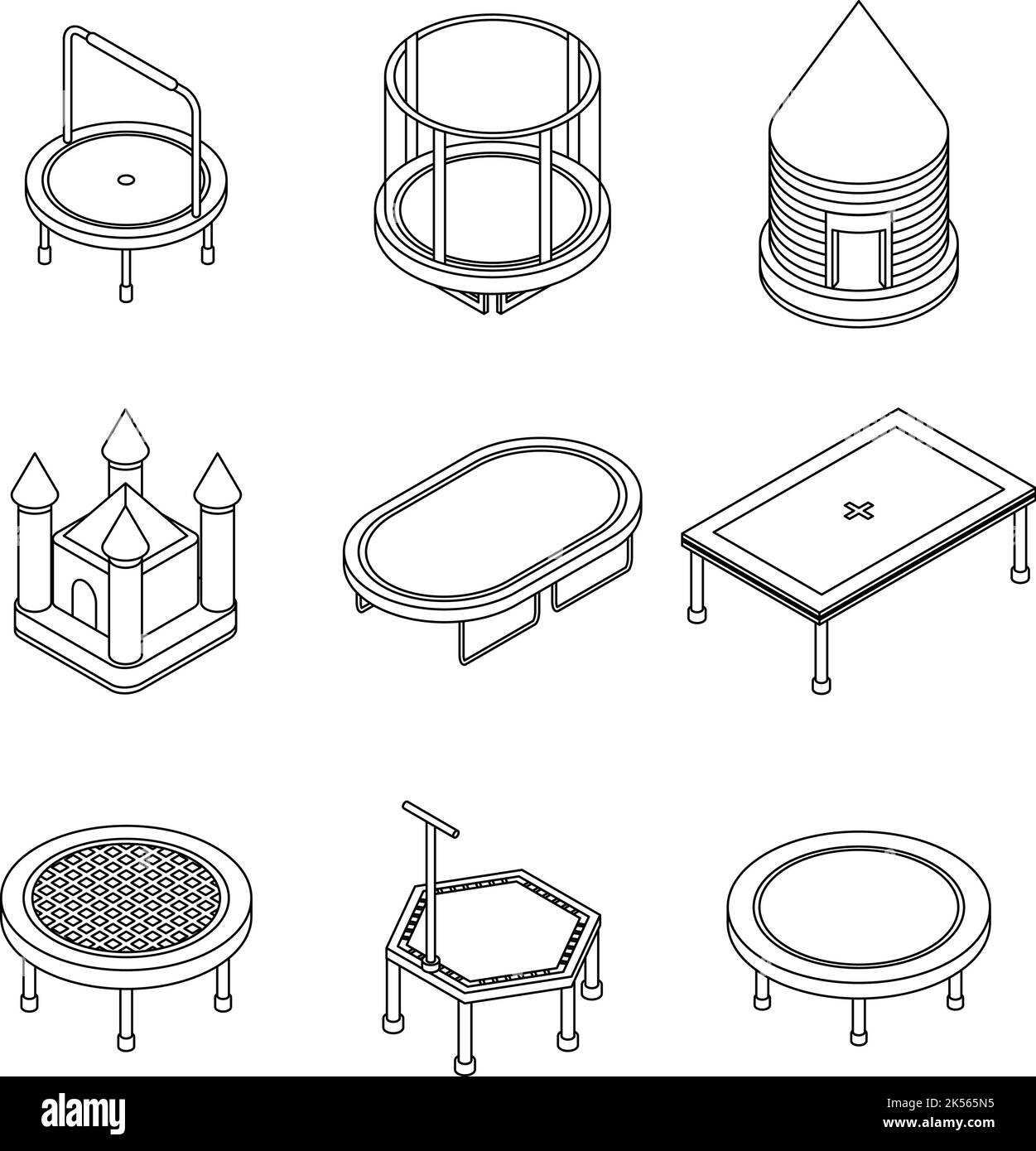 Trampoline icons set. Isometric set of trampoline vector icons outline