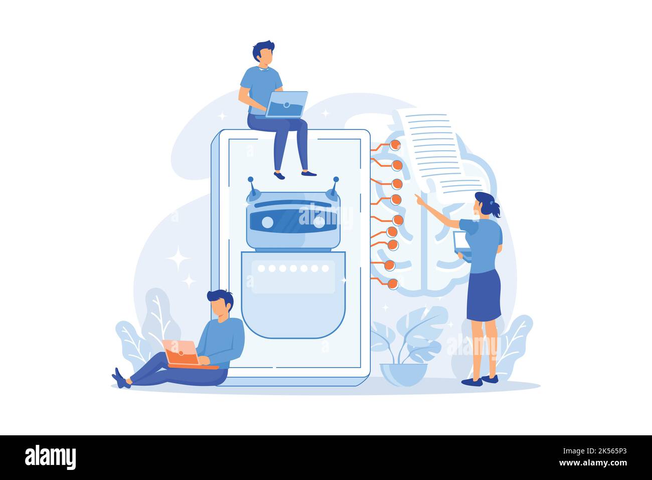 Programmers testing chatbot intelligence and brain with circuit. Chatbot Turing test, intelligent behavior, human-like response concept. vector illust Stock Vector