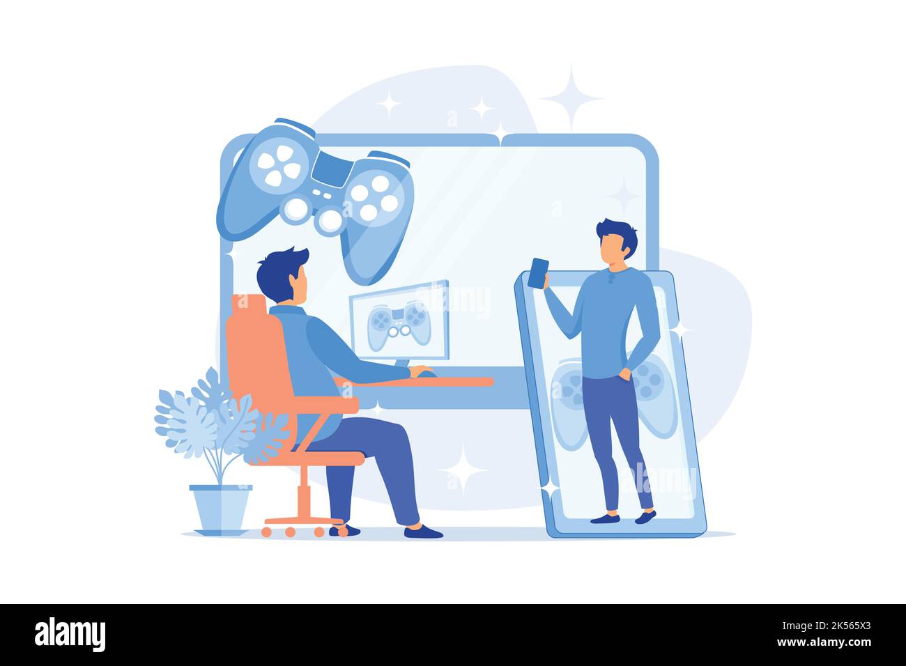 Gamers play video game on different hardware platforms. Crossplatform