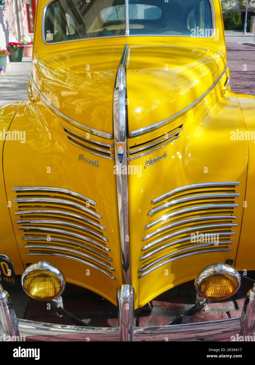 Bonnet hood of a Yellow Chrysler Plymouth New York taxi from the 1930s Stock Photo