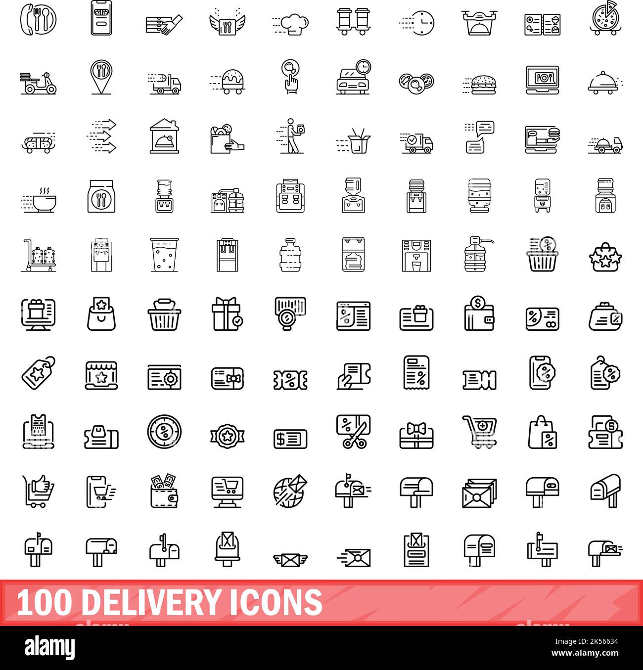 100 delivery icons set. Outline illustration of 100 delivery icons vector set isolated on white background Stock Vector