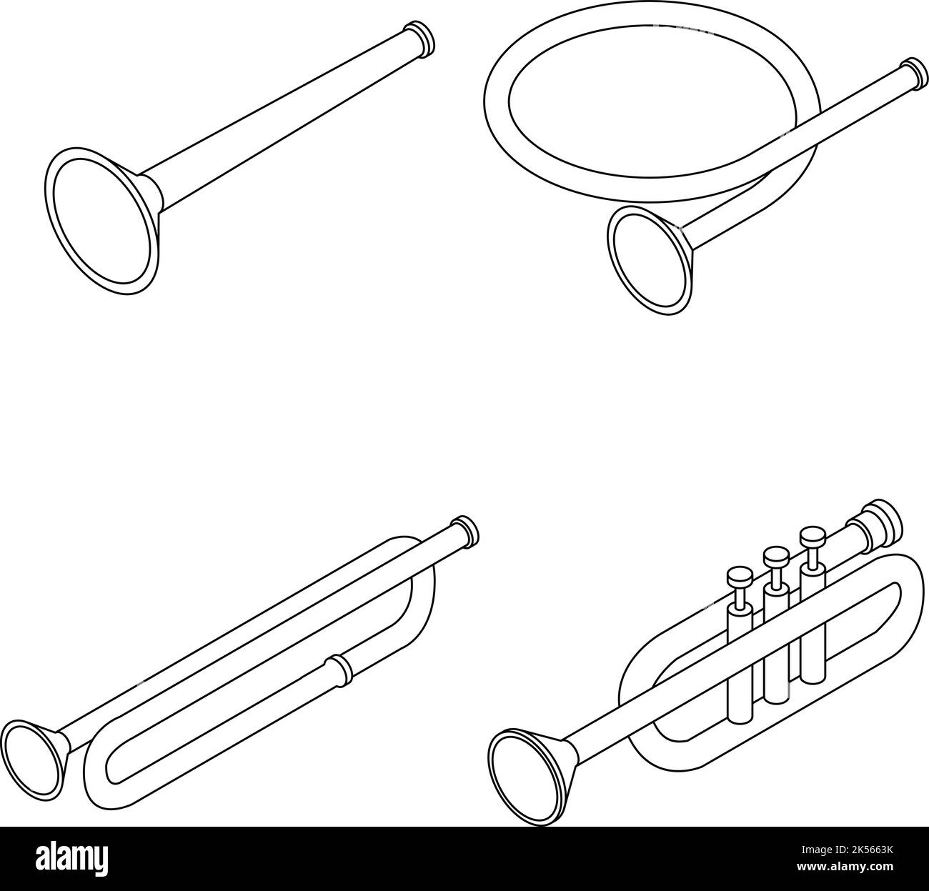 Trumpet icons set. Isometric set of trumpet vector icons outline