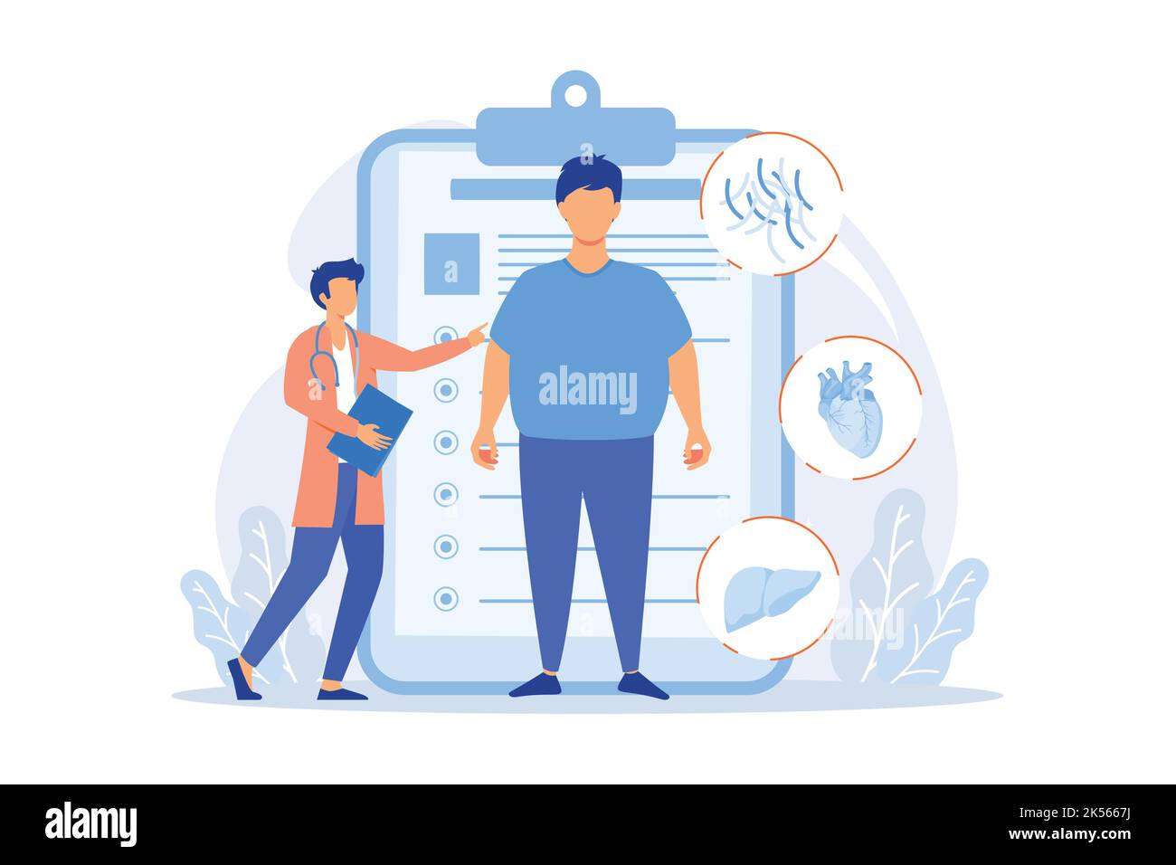 Obesity problem. Overweight man medical consultation and diagnostics. Negative impact of obesity on humans health and internal organs. Vector illustra Stock Vector