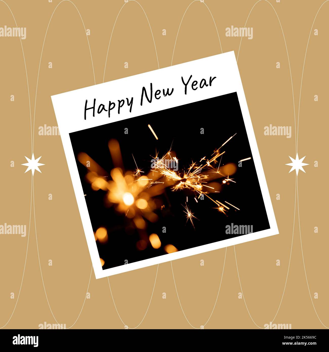 Square image of photo with happy new year and fireworks on gold background Stock Photo