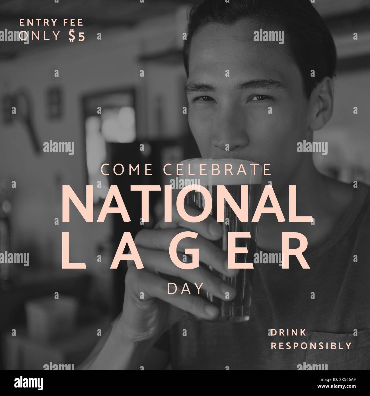 Square image of national lager day over happy asian man drinking beer in black and white Stock