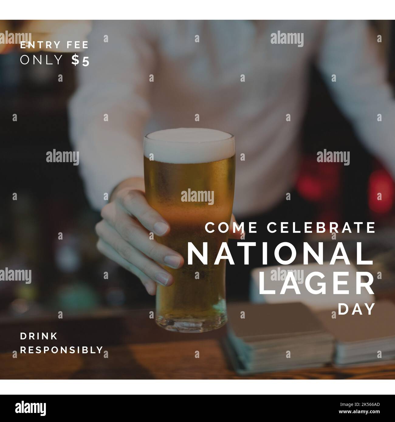 Square image of national lager day over hand of caucasian man with beer Stock Photo