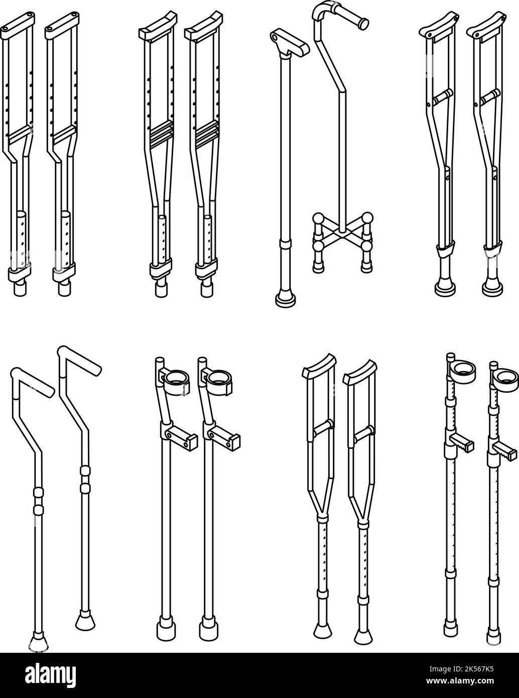 Crutches icon set. Isometric set of crutches vector icons outline