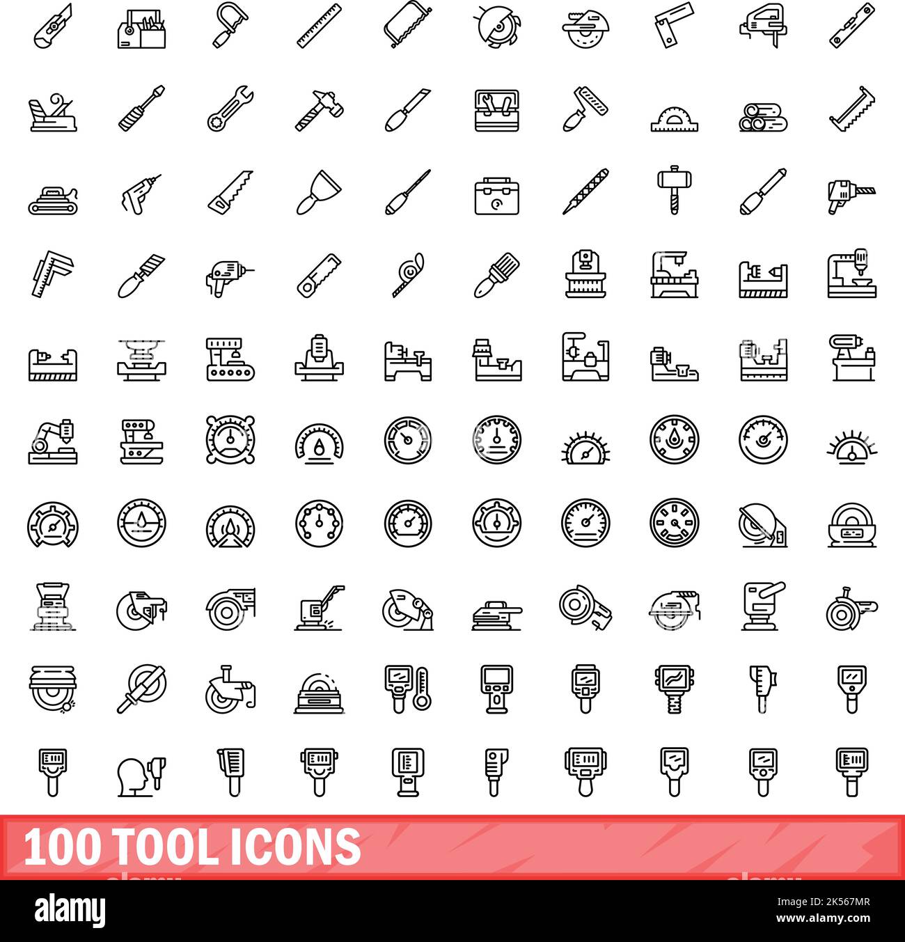100 tool icons set. Outline illustration of 100 tool icons vector set isolated on white background Stock Vector
