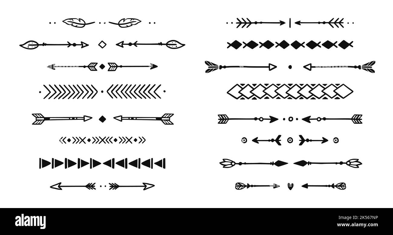 Mexican arrow hand drawn element set. African, aztec rustic ethnic arrow, ornament divider. Tribal boho decor design. Vector illustration. Stock Vector