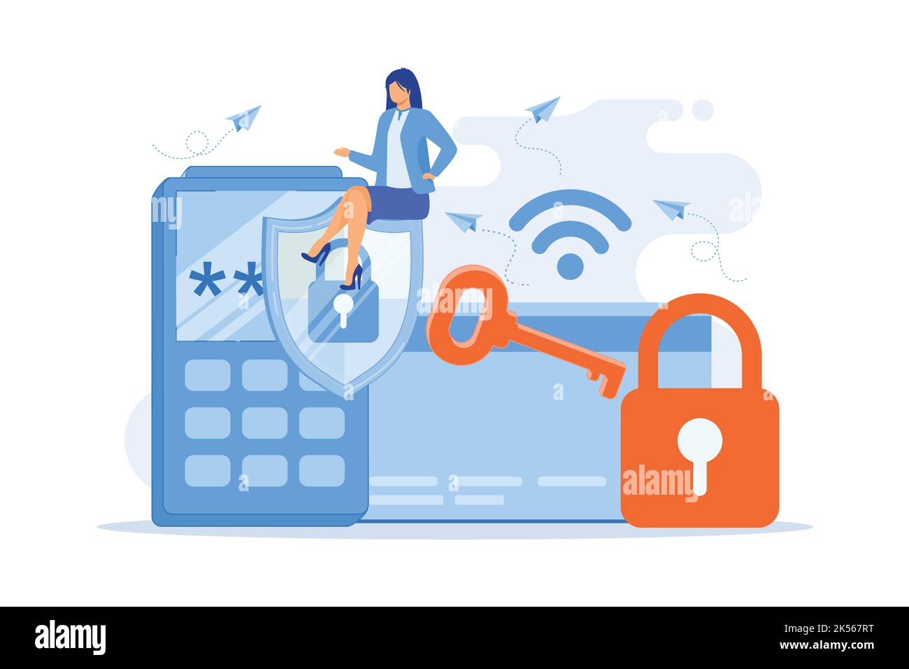 Access control card with key and lock and woman with protection shield ...