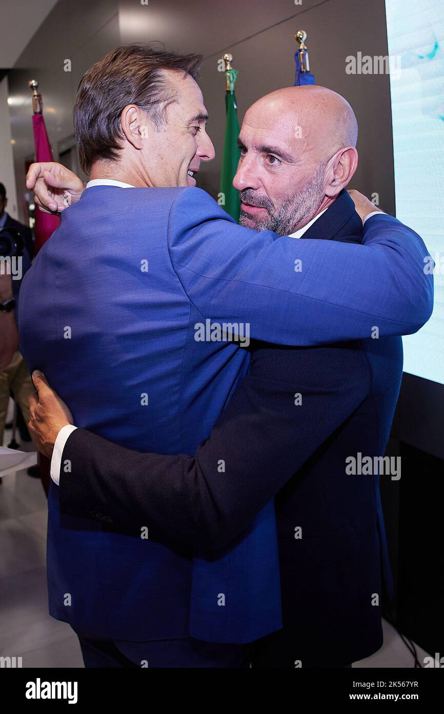 Seville, Spain. 06th Oct, 2022. Football coach Julen Lopetegui leaves Sevilla FC after 170 games and three and a half years at ceremony at the Ramon Sanchez Pizjuun stadium in Seville. Here Lopetegui is seen with director of football Monchi durting the farewell. (Photo Credit: Gonzales Photo/Alamy Live News Stock Photo