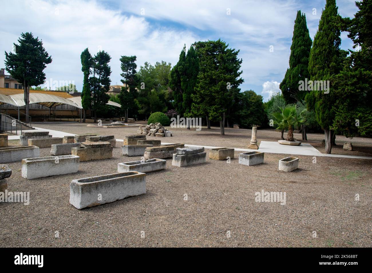 Ancient tombstones exhibited at the Roman Necropolis of Tarraco, Tarragona, Spain Stock Photo