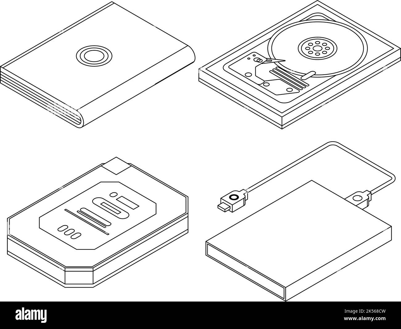 Hard disk icons set. Isometric set of hard disk vector icons outline isolated on white background Stock Vector