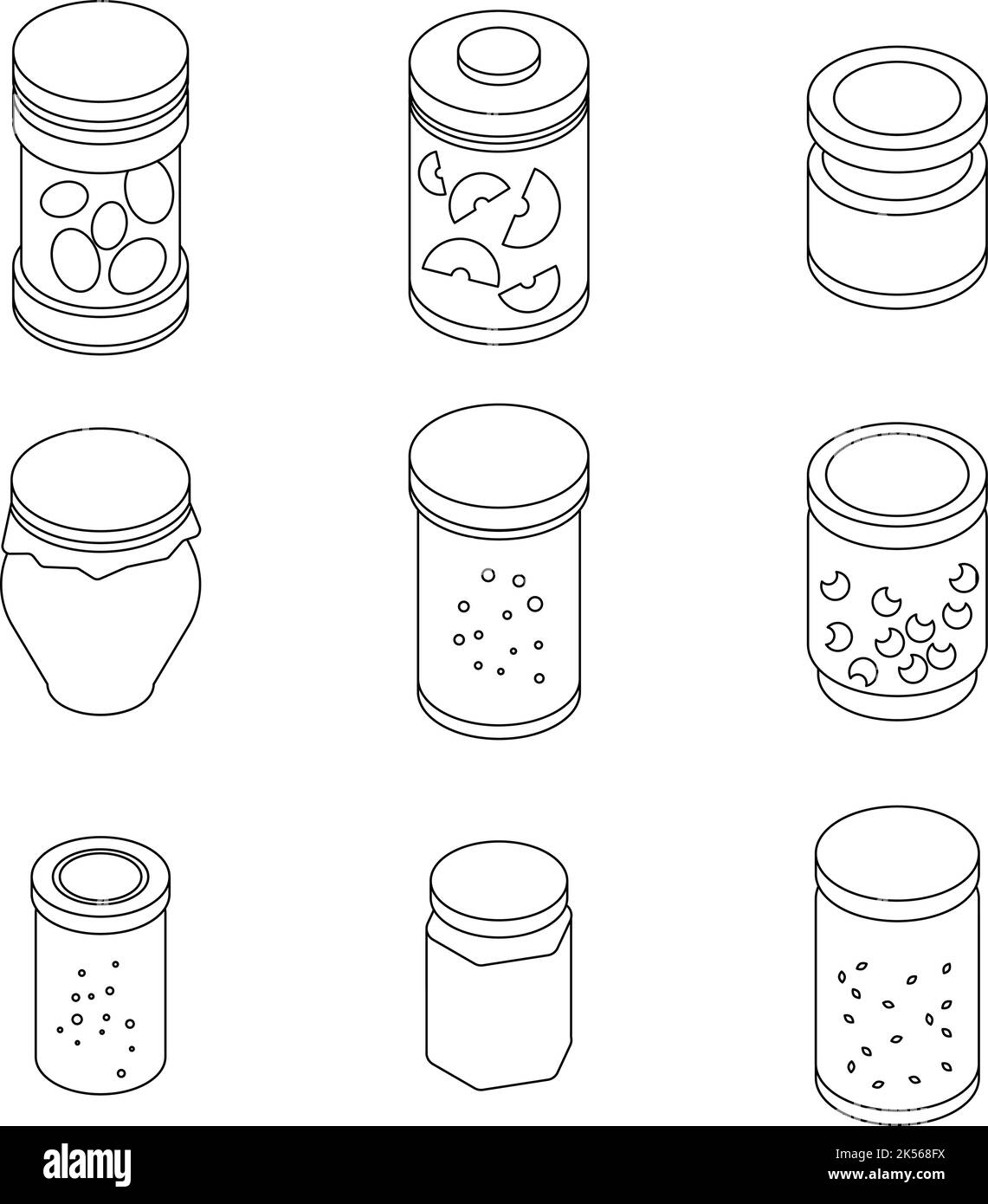 Jam jar icons set. Isometric set of jam jar vector icons outline isolated on white background Stock Vector