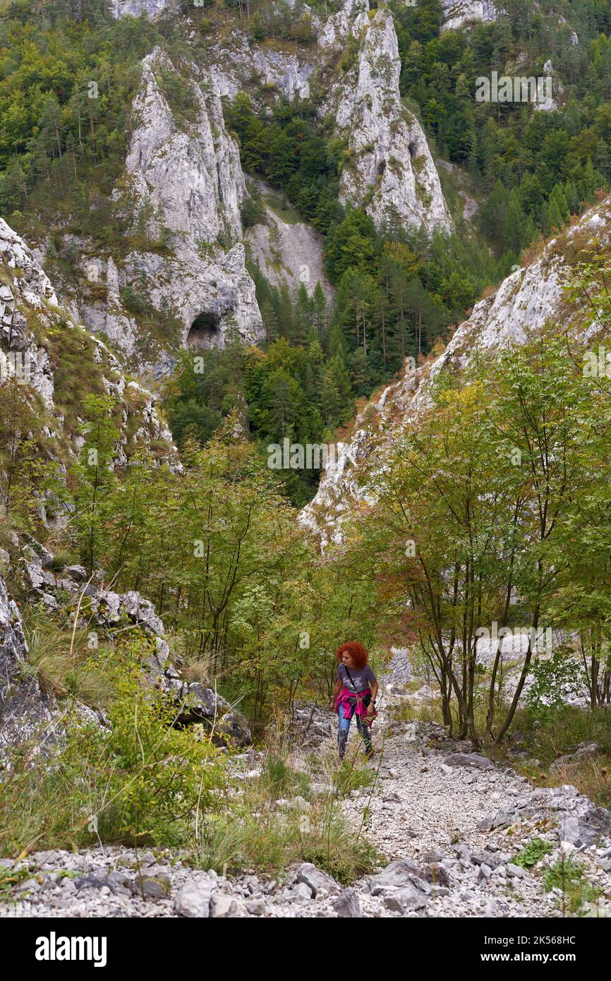 Tourist woman with curly hair with camera hiking on a steep trail in ...